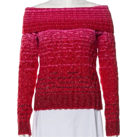Staud Myrna Off-The-Shoulder Long Sleeve Cable Knit Sweater Cozy Red Pink Size M